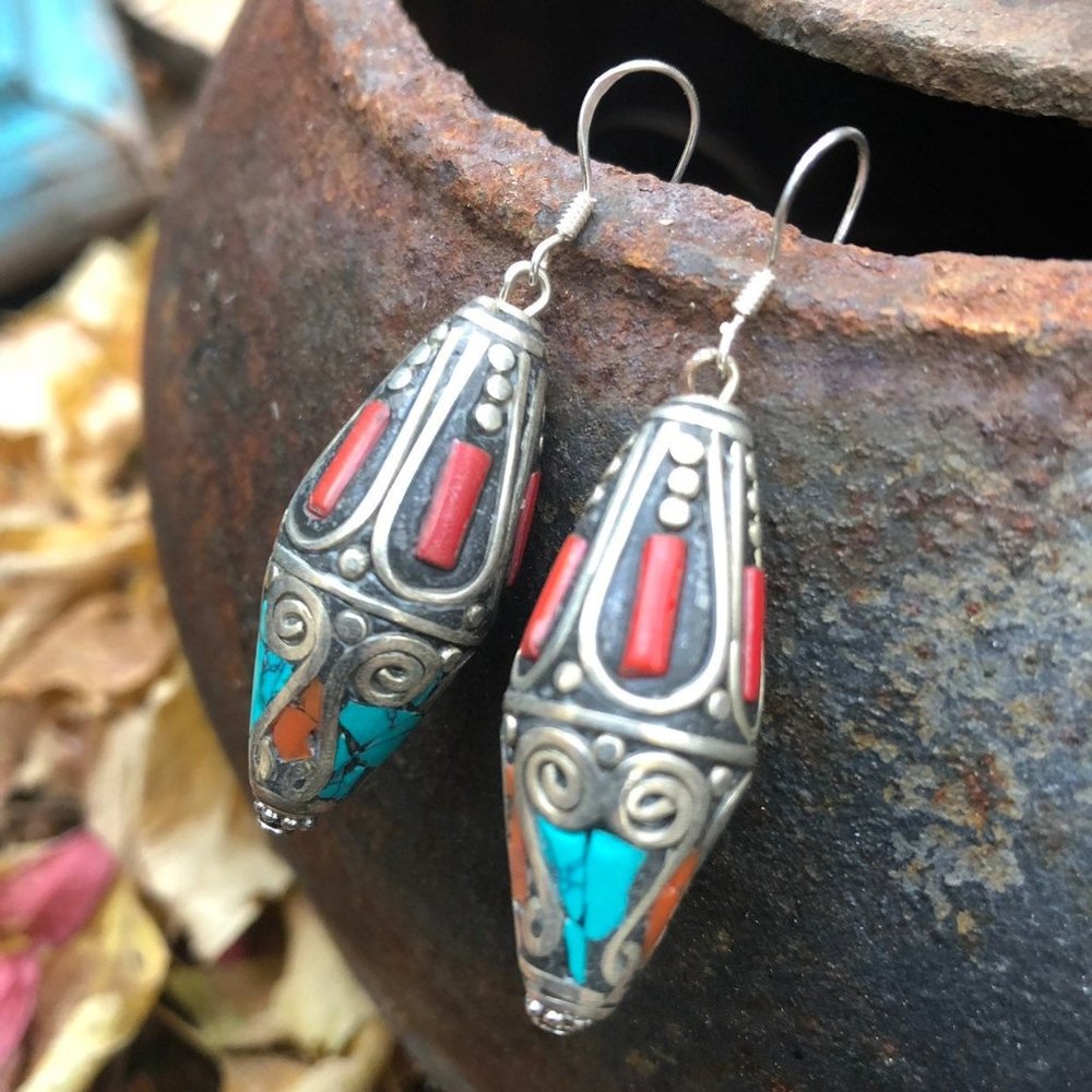Antique Afghan Turquoise and Coral Earrings